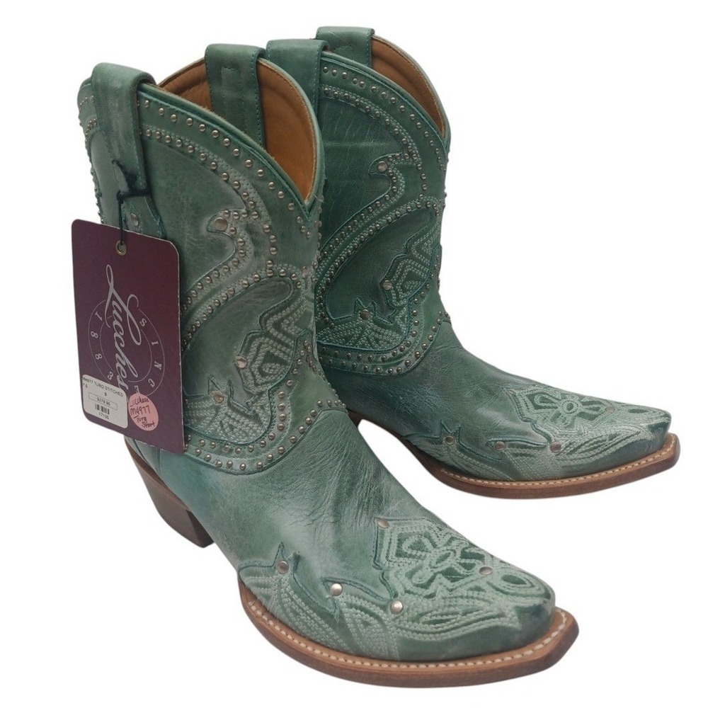 Lucchese M4977 Women's 7.5 B Turquoise Teal Leather Studded Western Boots NOS - Picture 4 of 16